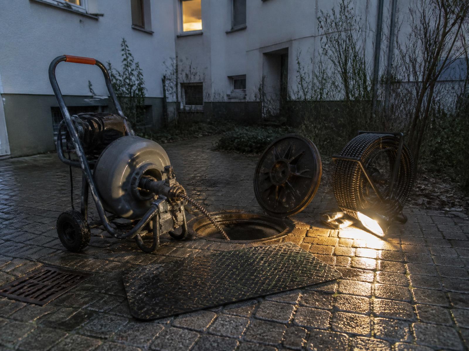 Reinigungsmaschine mit eingeführter Spirale an einem geöffneten Revisionsschacht im Hinterhof, Arbeitsleuchte auf nassem Pflaster