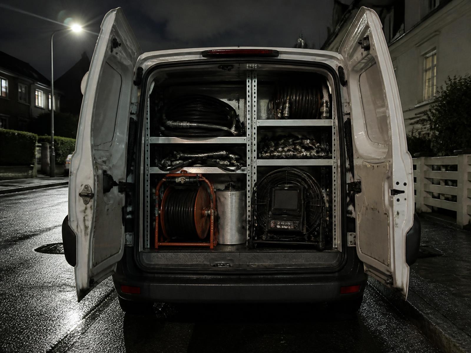 Geöffnete Hecktüren eines Servicefahrzeugs bei Nacht mit Hochdruckschläuchen, Düsen und Kamerahaspel im Regal